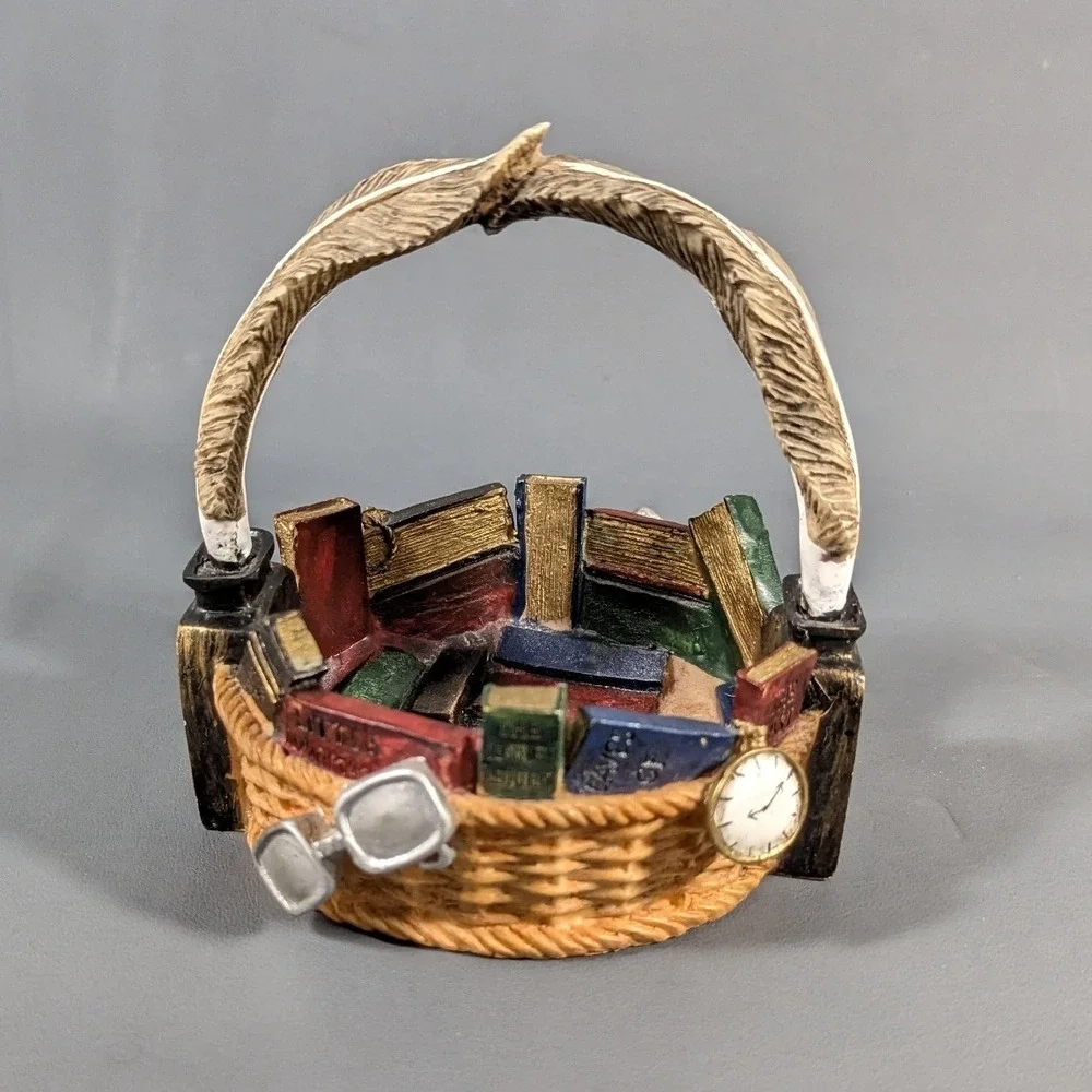 Vintage Resin Literary Trinket Basket Books Quill Pen Spectacles Decor